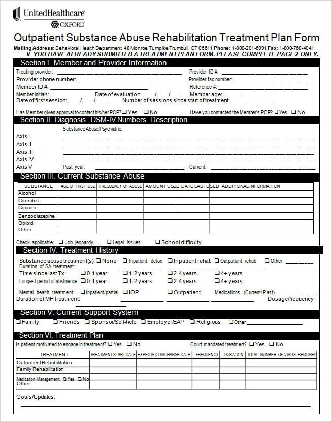 Rehabilitation Treatment Plan Form