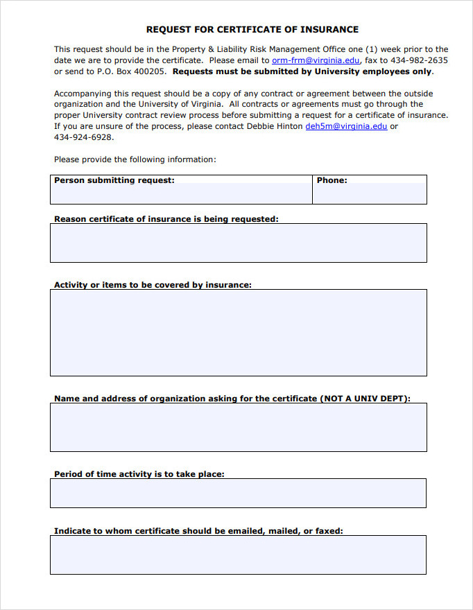 Request Form For Certificate Of Insurance