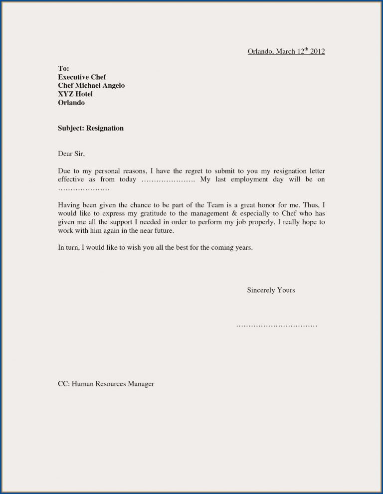 Resignation Letter From Work Sample