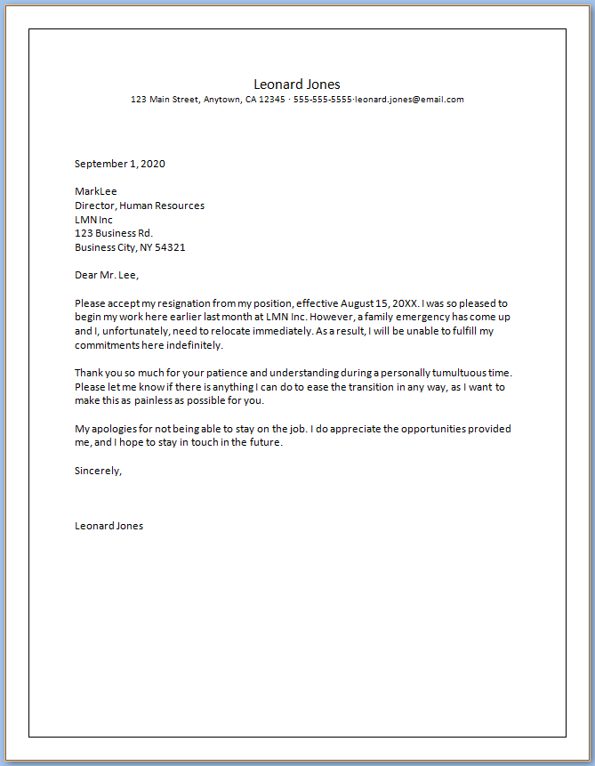 Resignation Letter Template From Work