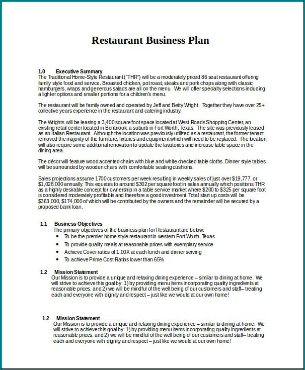 Restaurant Business Plan Template Sample