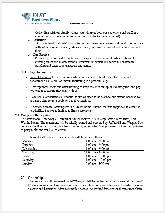 Restaurant Business Plan Template