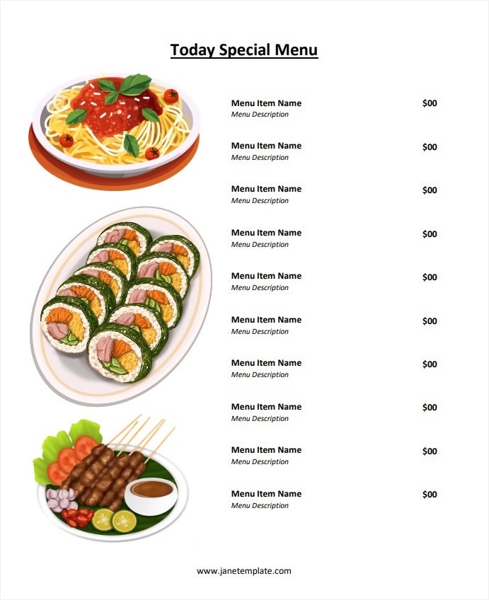 Professional restaurant menu template with a clean layout and options for displaying prices and special offers.