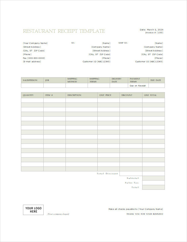 Restaurant Receipt Template Word