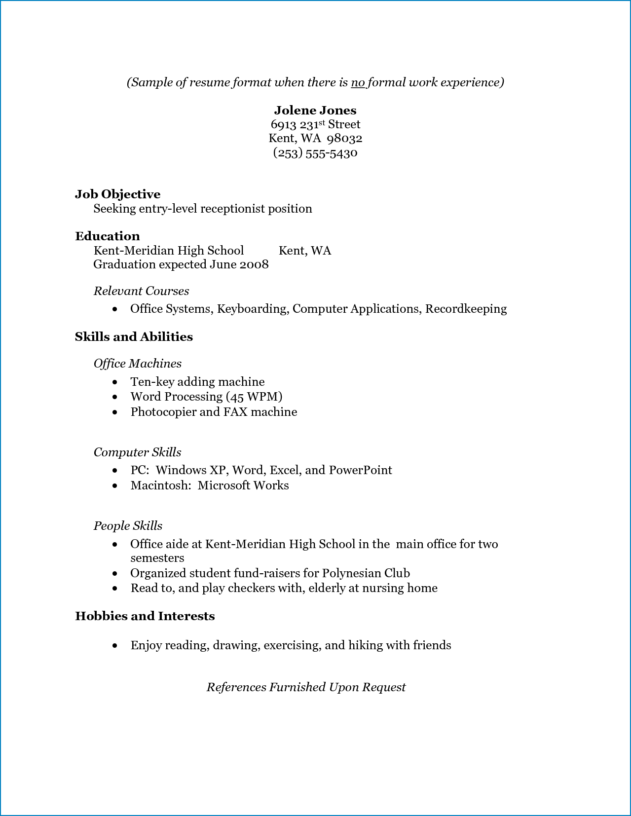 Resume Template with No Work Experience Example