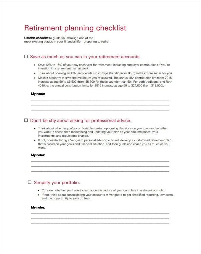 Retirement Finacial Planning Checklist Template