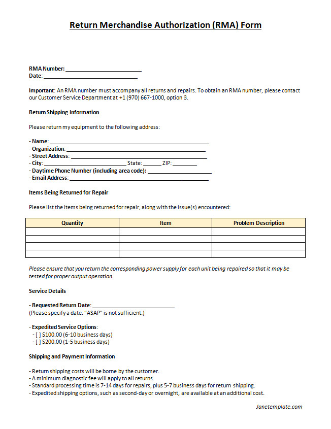 Return Merchandise Authorization (RMA) form template with sections for product details and reason for return.