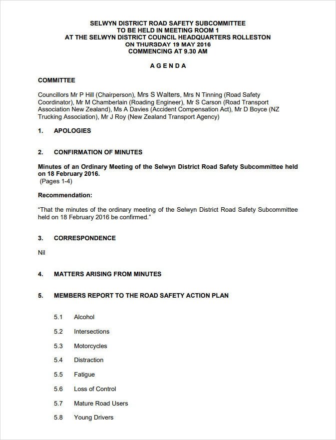 Road Safety Meeting Agenda Template