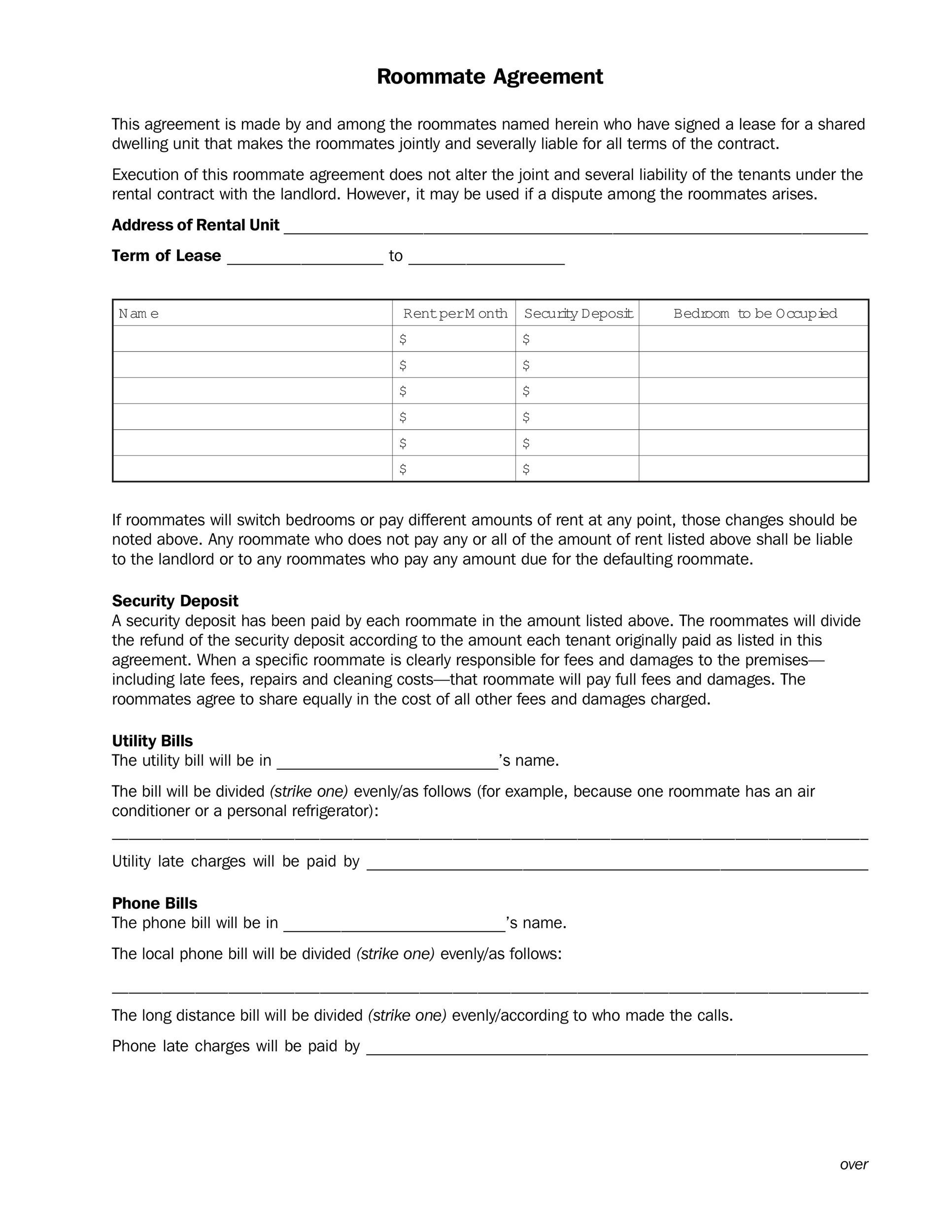 Roommate Agreement Template Example