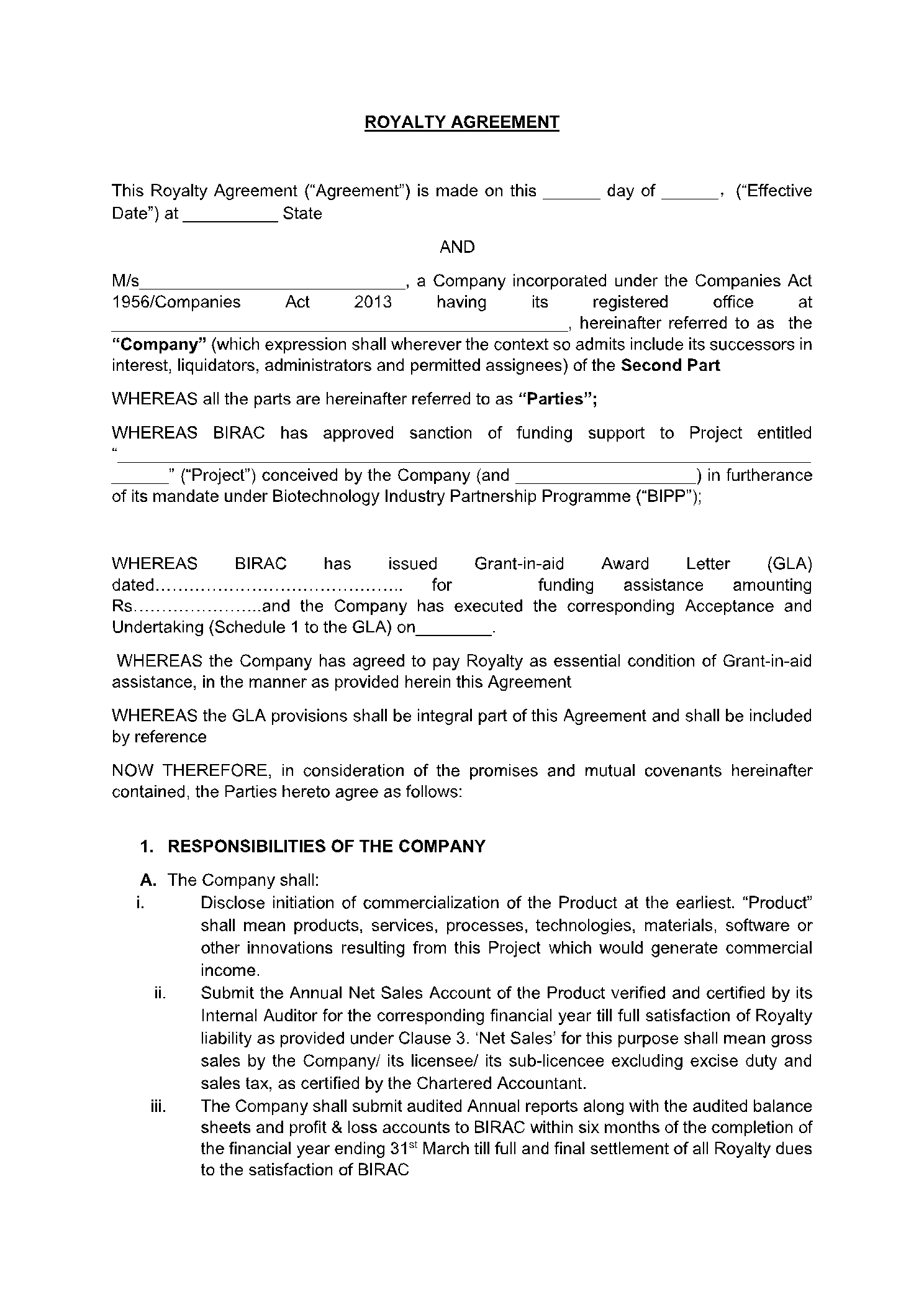 Royalty Agreement Template