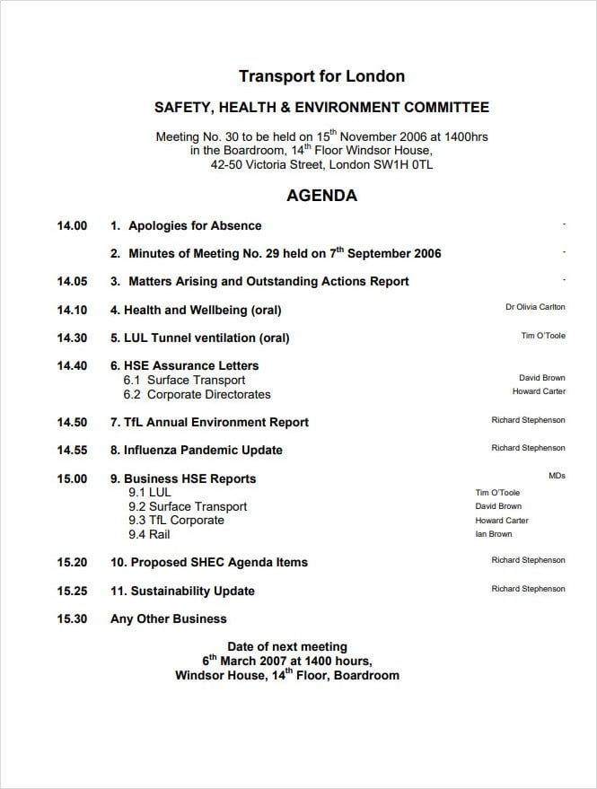 Safety Agenda Template for Transportation