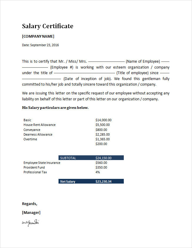 Salary Certificate Template