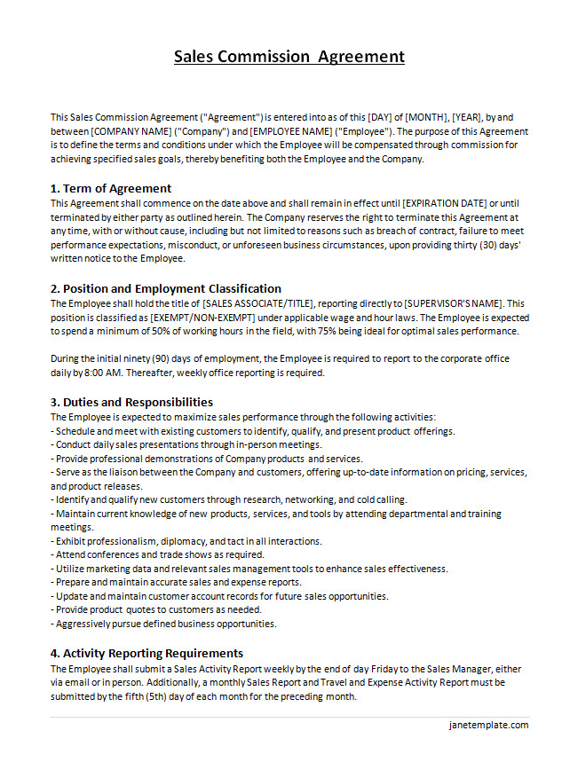 Sales Commission Agreement Template with Sections for Commission Rates and Payment Terms