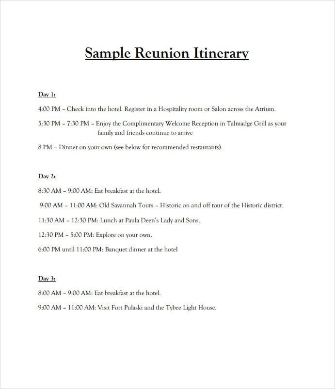 Sample Family Reunion Itinerary Template