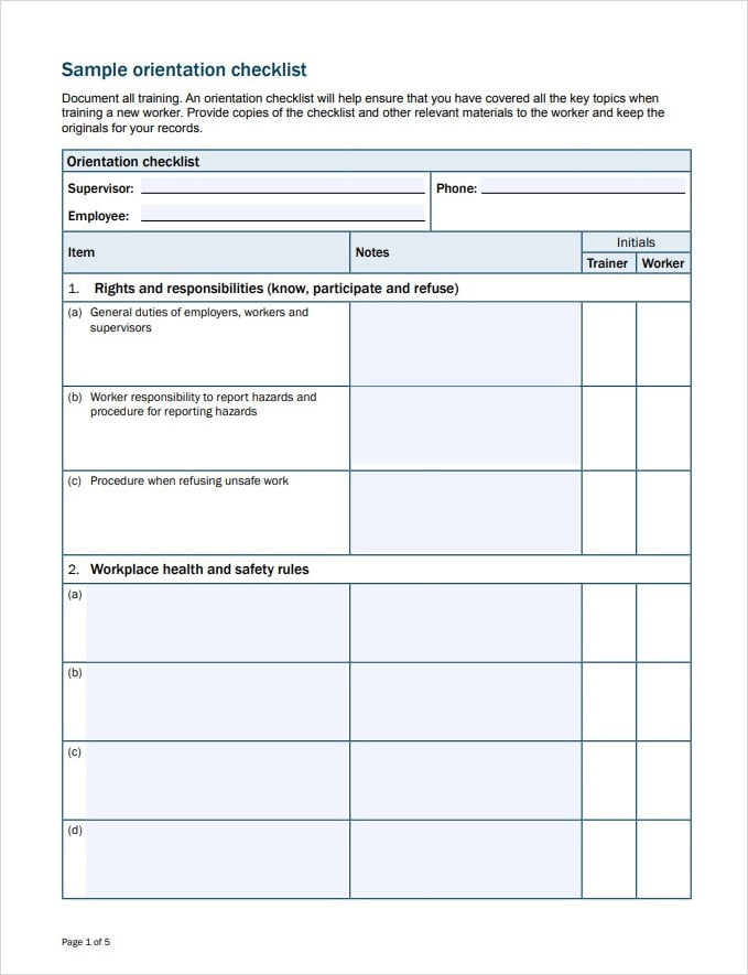 Sample Orientation Checklist Template