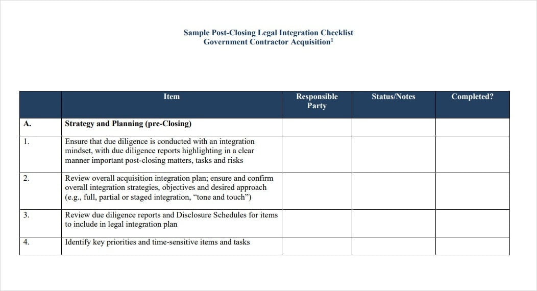 Sample Post Closing Legal Integration Checklist