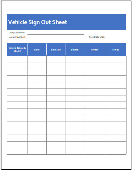 Sample Vehicle Sign out Sheet Template