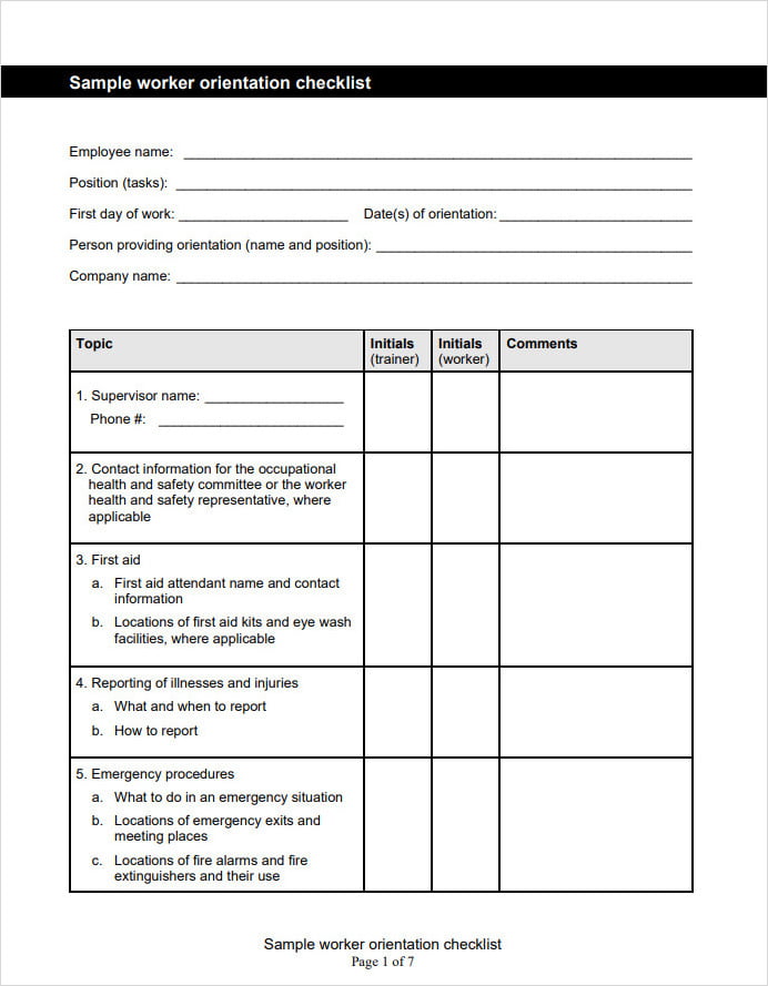 Printable Orientation Checklist Template