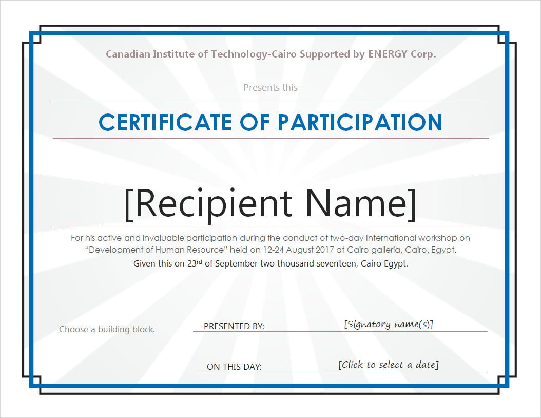 Sample of Certificate of Participation Template