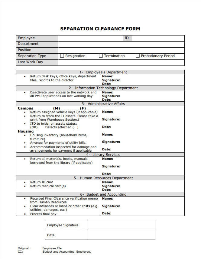 Sample of Employee Separation Clearance Form