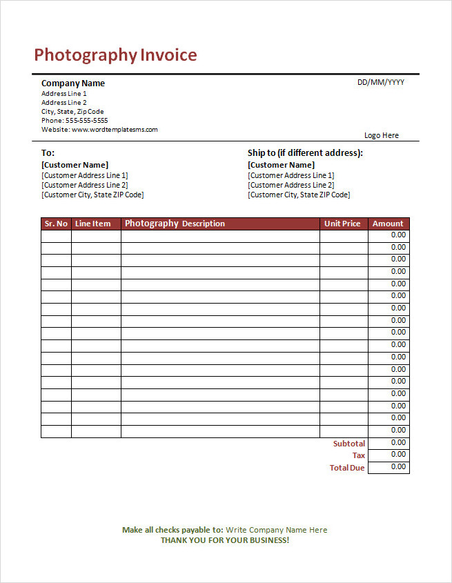 Sample of Photography Invoice Template