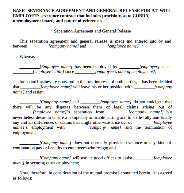 Sample of Printable Severance Agreement Template