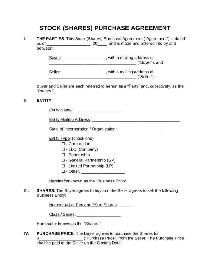 Sample of Printable Share Purchase Agreement Template