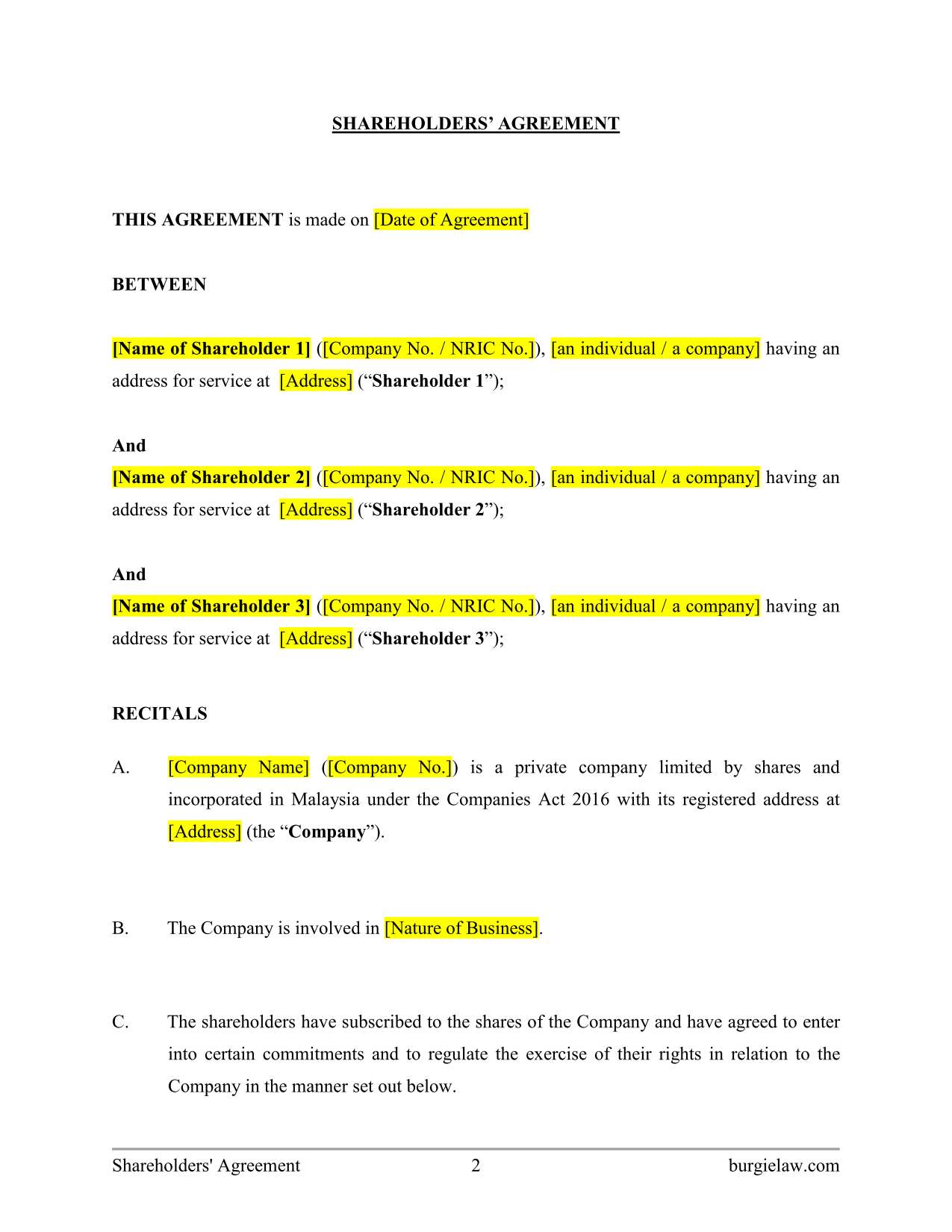 Sample of Printable Shareholders Agreement Template