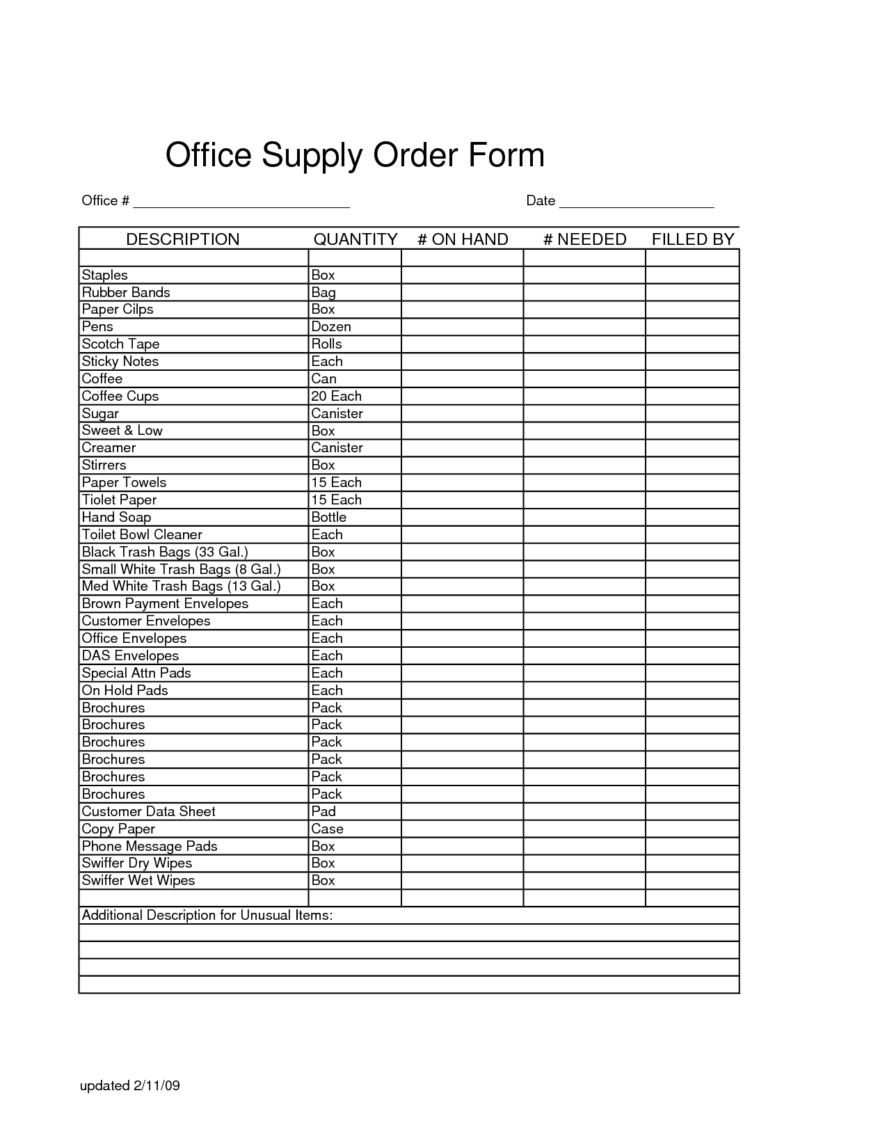 Sample of Printable Supply Order Sheet Template