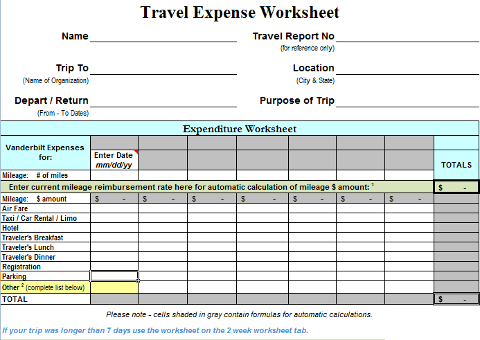 Sample of Printable Travel Expense Calculator Template