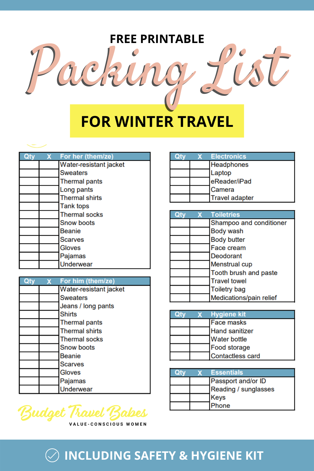 Sample of Printable Winter Travel Checklist Template