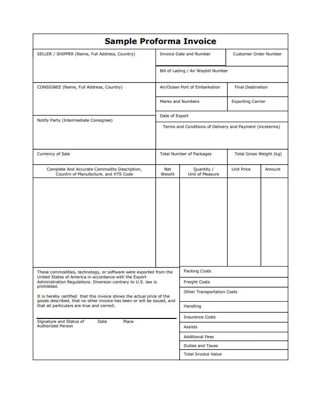 Sample of Proforma Invoice Template