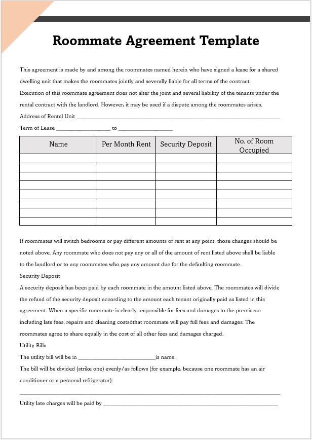 Sample of Roommate Agreement Template