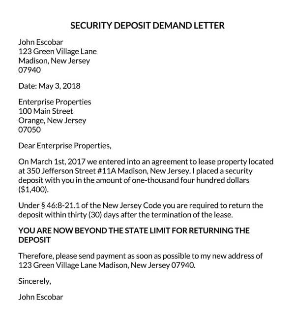 Sample of Security Deposit Demand Letter Template