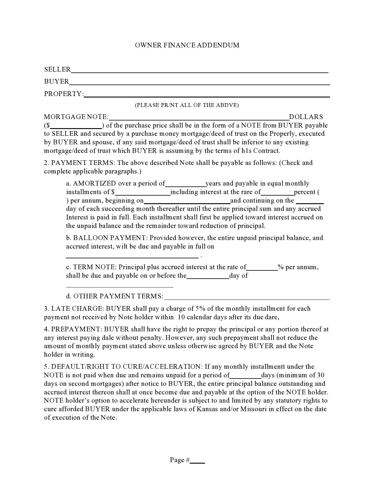 Sample of Seller Financing Agreement Template