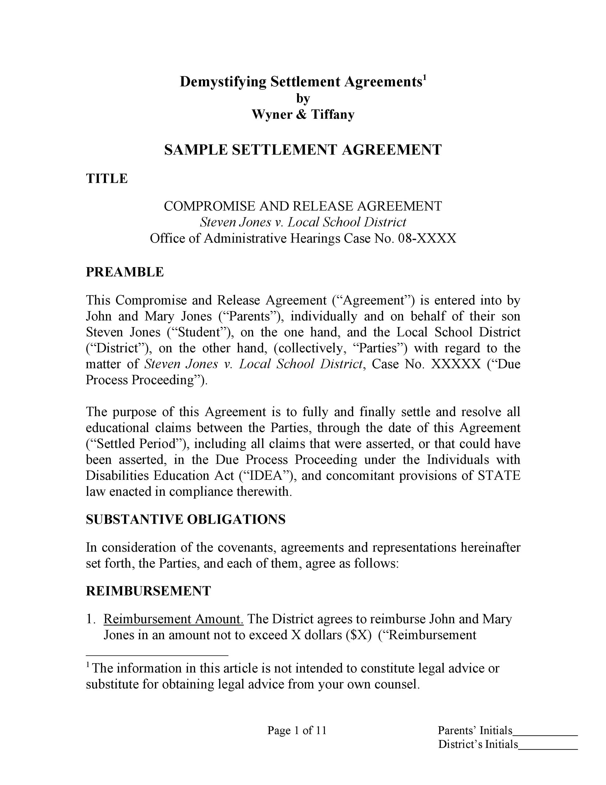 Sample of Settlement Agreement Template