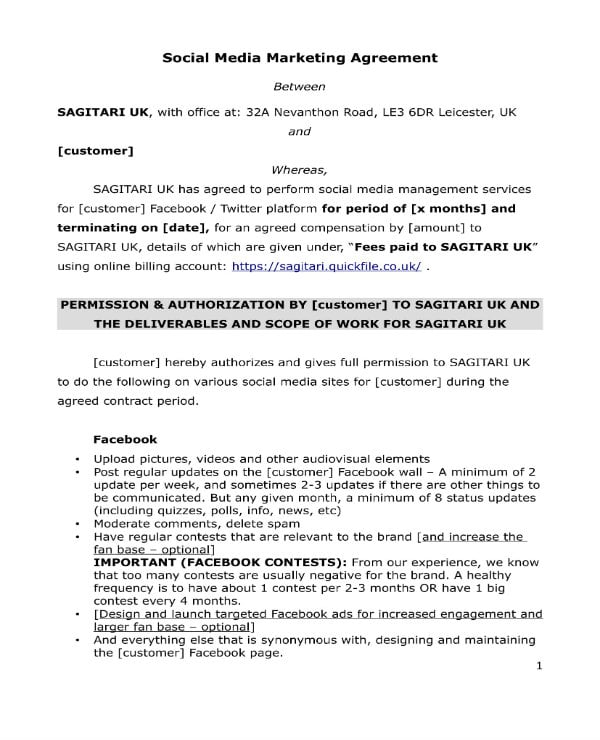 Sample of Social Media Management Agreement Template