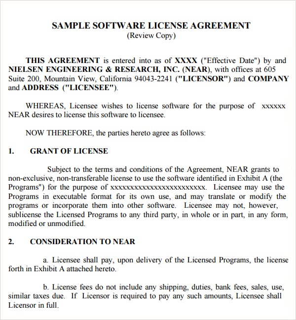 Sample of Software License Agreement Template