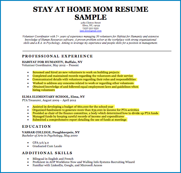 Sample of Stay At Home Mom Resume Template