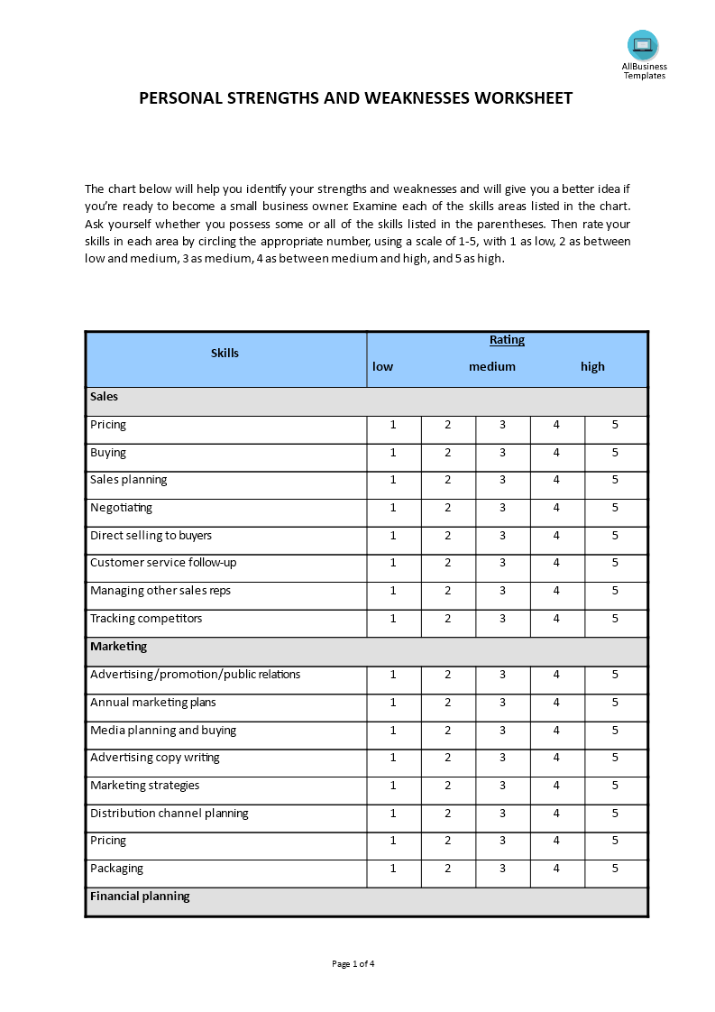 Sample of Strengths And Weaknesses Comparison Sheet Template