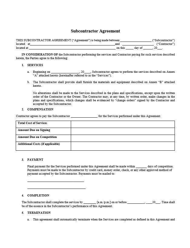 Sample of Subcontractor Agreement Template