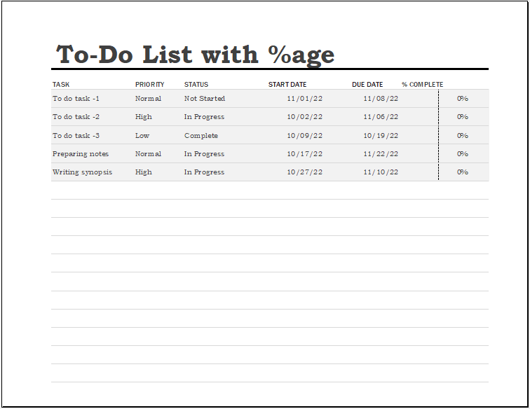 Sample of To do List With Percentage Completion