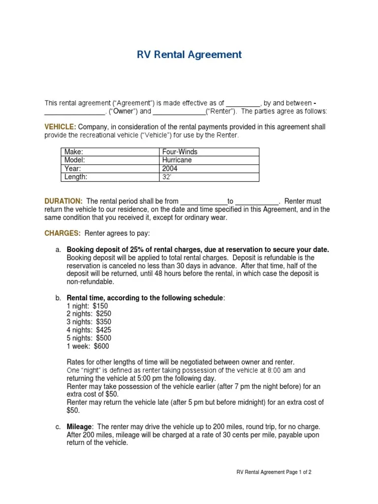 Sample of Travel Trailer Rental Agreement Template