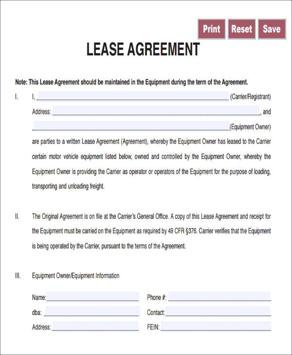 Sample of Truck Lease Agreement Template