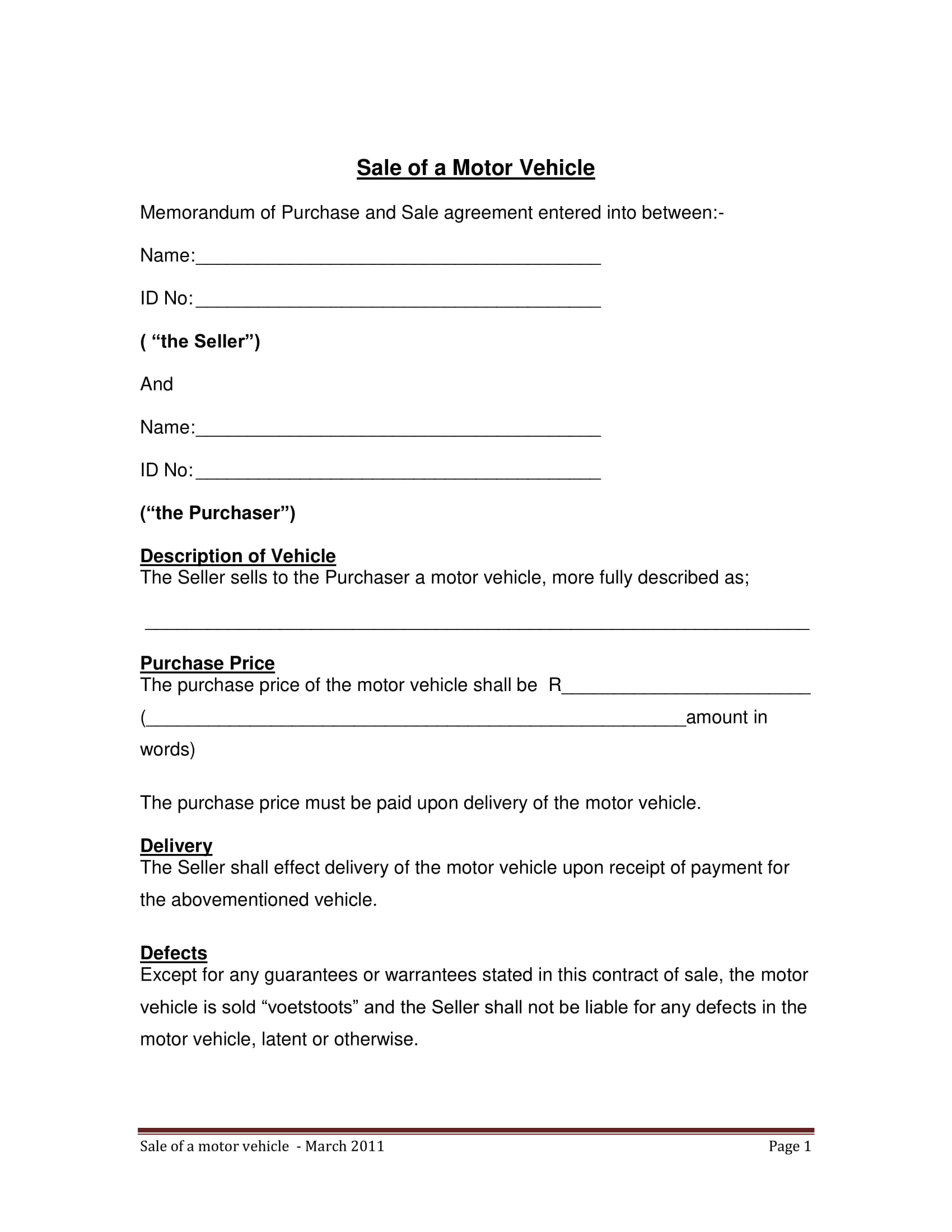 Sample of Vehicle Sales Agreement Template