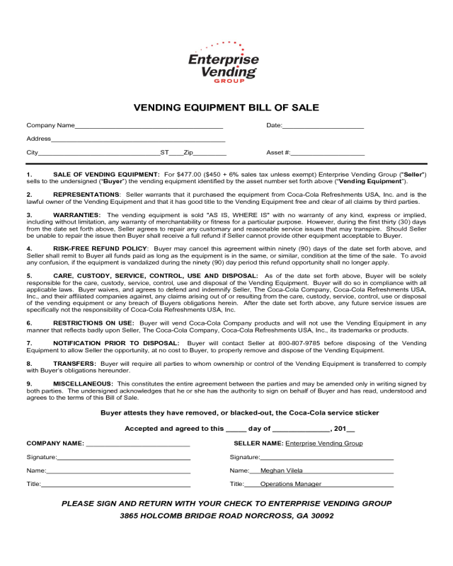 Sample of Vending Machine Agreement Template