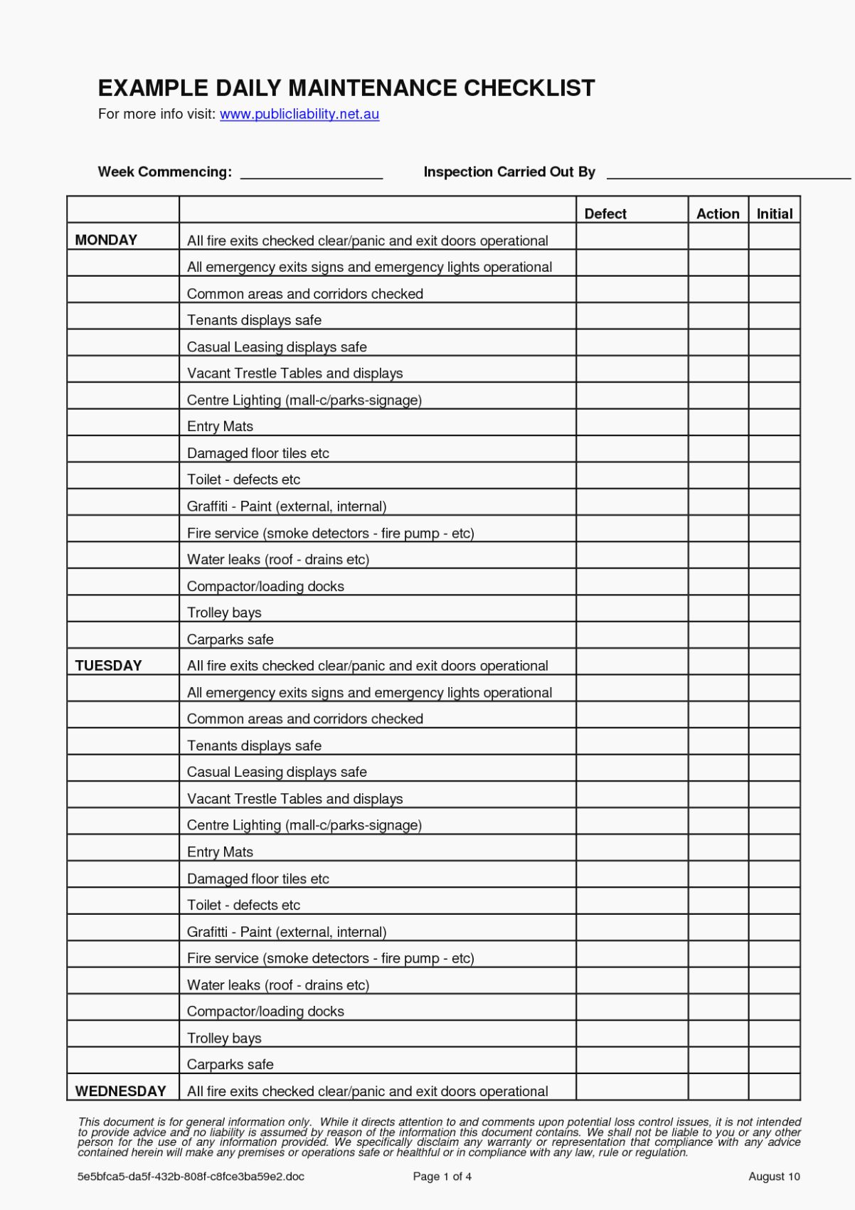 Sample of Washing Machine Maintenance Log Template