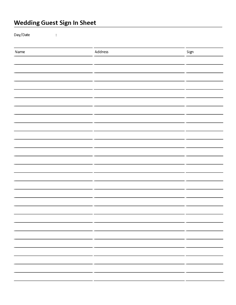 Sample of Wedding Guest Sign in Sheet Template