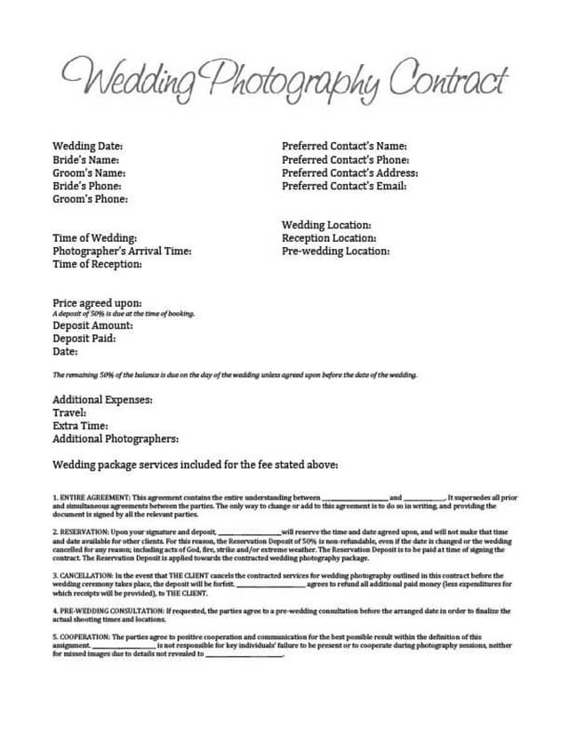 Sample of Wedding Photography Agreement Template