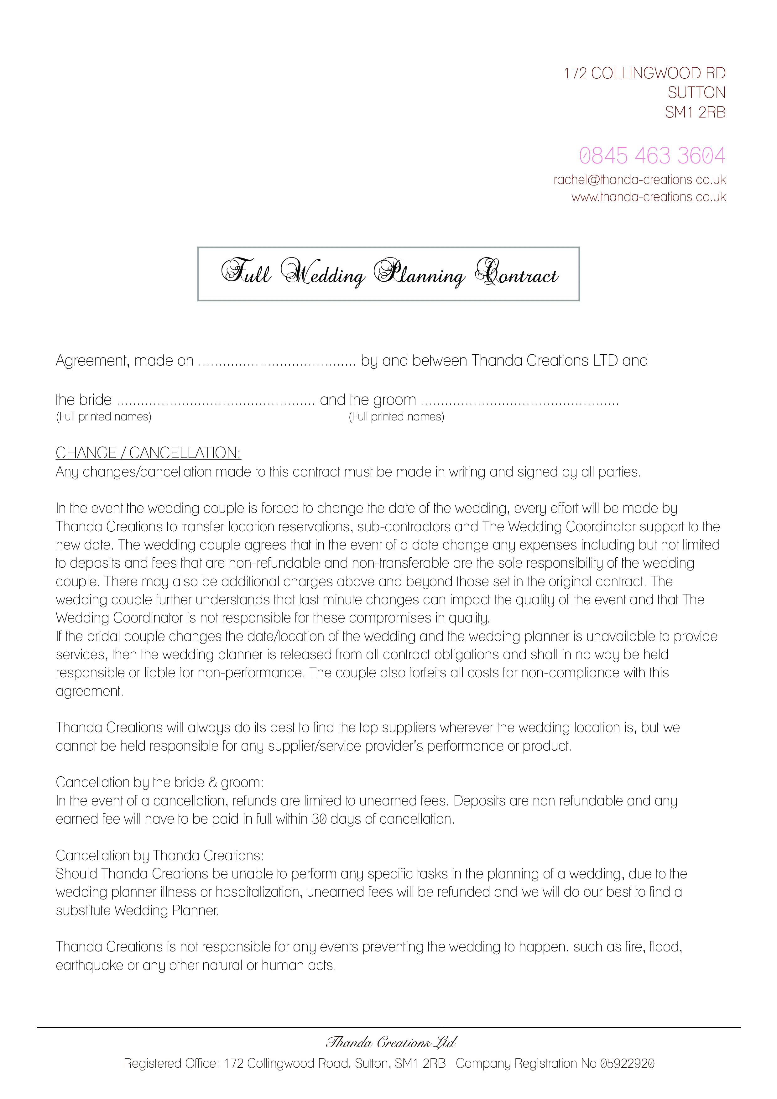 Sample of Wedding Planner Agreement Template